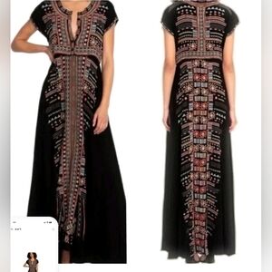 Johnny Was Black Maxi Dress with Colorful Embroidery